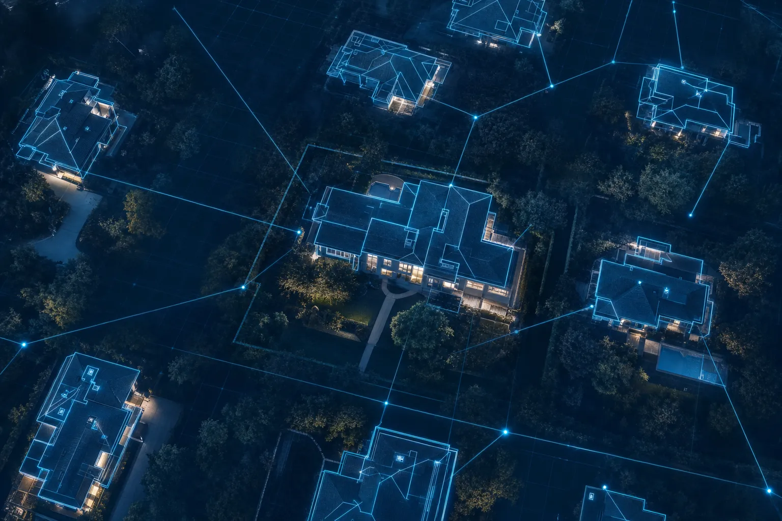 A twilight aerial view of multiple portfolio properties, each footprint traced in glowing cyan and linked by faint data lines, representing a connected registry of documented crawlspaces.